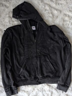 Men's Black Hooded Zip Sweater with Sunburst Stitch Detail